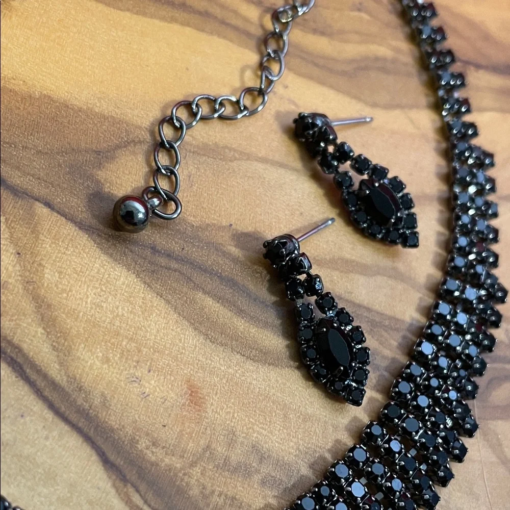 Vintage Black Crystal Necklace and Earring Set